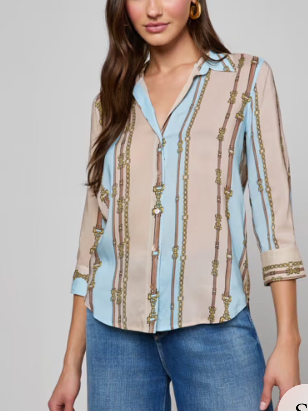 L'AGENCE Beige & Light Blue Striped Chain-Print Button-Down Shirt